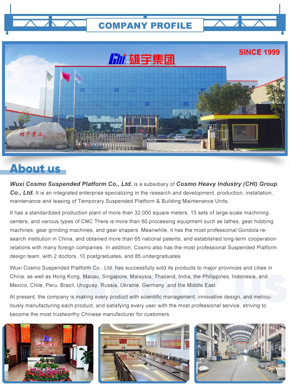 Electric Hoist Steel, Aluminum Suspended Working Platform for Glass Cleaning and Curtain Wall Installation with CE Approved
